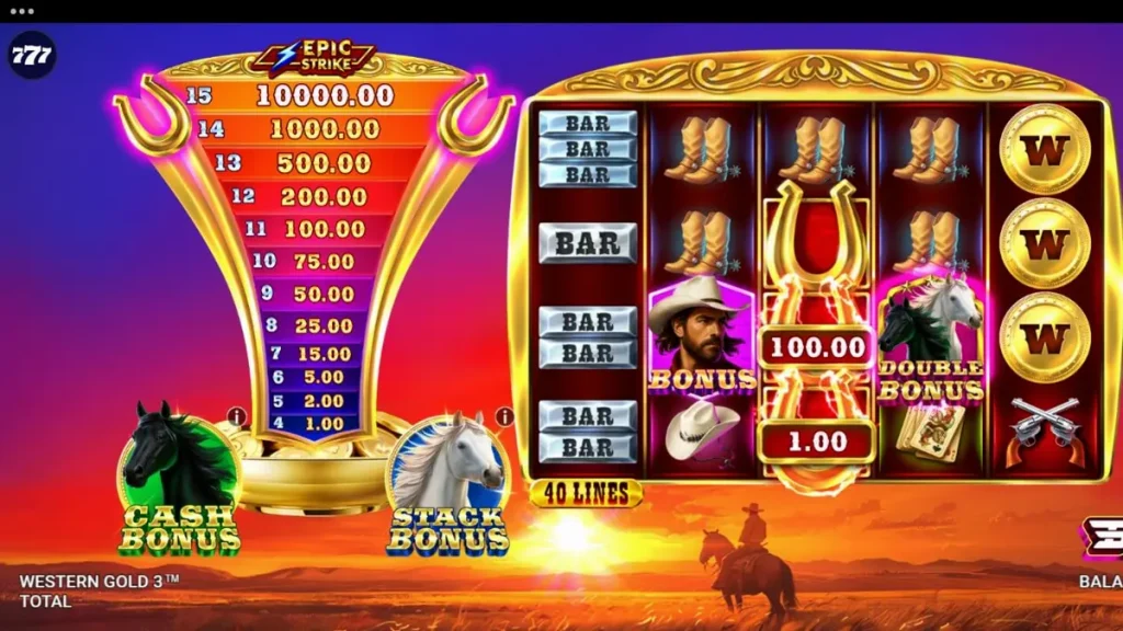 Tampilan visual mesin slot Western Gold 3 dengan tema koboi dan latar belakang ngarai.
