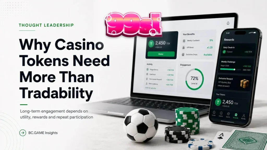 Visual abstrak yang menggambarkan ekosistem token digital dan elemen permainan kasino.
