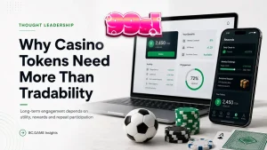 Visual abstrak yang menggambarkan ekosistem token digital dan elemen permainan kasino.